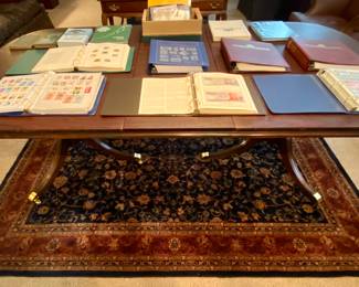 Formal Wooden Dining Table with Twin Pedestal Base and Two Large Leaves (comes with 8 chairs) • 5’ x 8’ New Zealand Wool Rug by Momeni Inc.