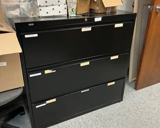 Black 3 drawer lateral metal file cabinet; 40" H x 42" L x 19" D