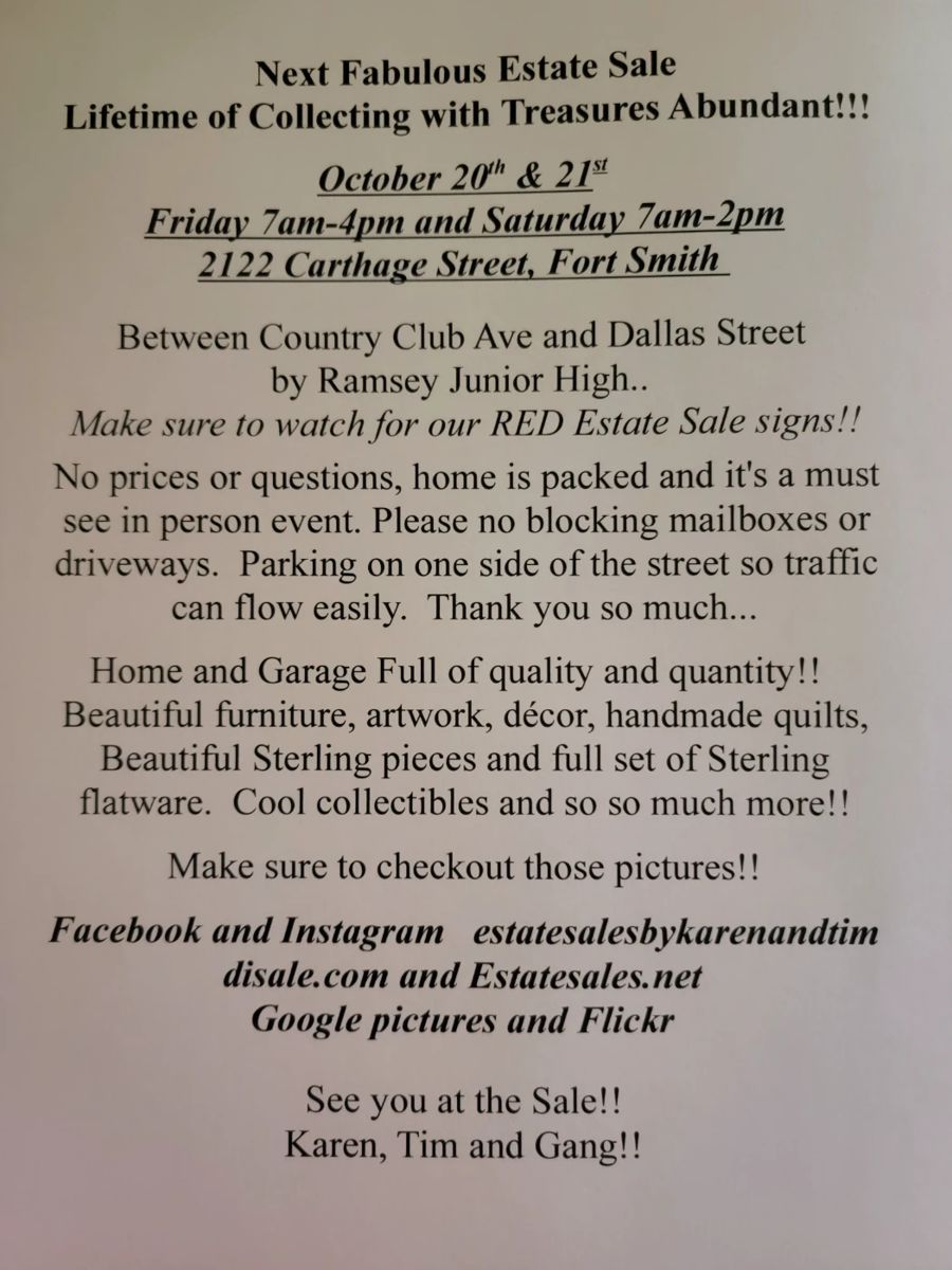 Fabulous Estate Sale in Fort Smith starts on 10/20/2023