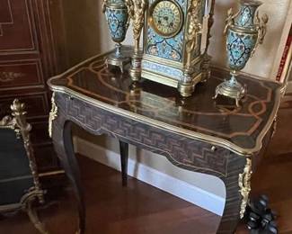 Napoleon III Champleve Clock Garniature, Louis XV Style Tea Table