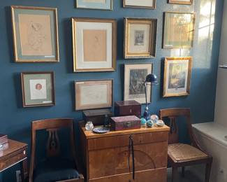 lots or antique prints and drawings, 1820-1830 Danish Chest of Drawers. 