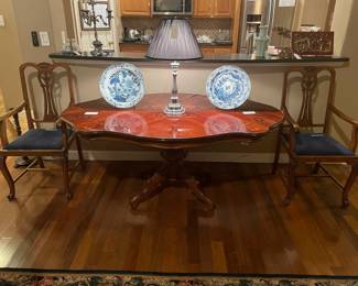 Updated Photo for Tuesday: Inlaid Italian Dining Table, English Edwardian Chairs, Solid Silver Lamp, Delft Chargers