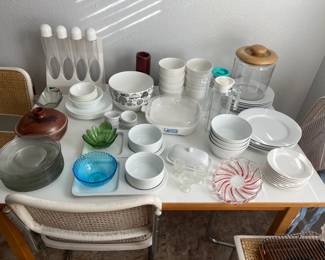 White Ware (partial sets): Crate & Barrel, Cordon Bleu, Fiddle & Fern, The Cellar, Corelle