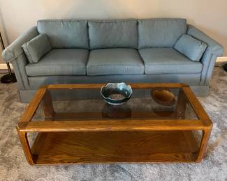 Ethan Allen sofa - sits well.  Mersman oak/glass coffee table - early 1990s