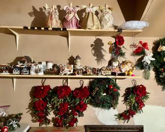 So  much Christmas - wreaths, village houses/people, angels, Santas, nutcrackers, nativity, garland, ornaments