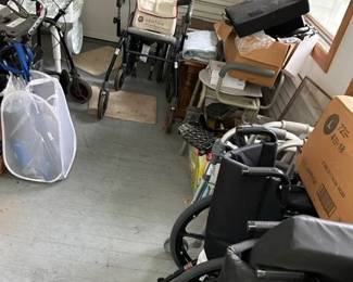 Medical supplies. Wheelchairs, walkers, commodes. Walking boots. 