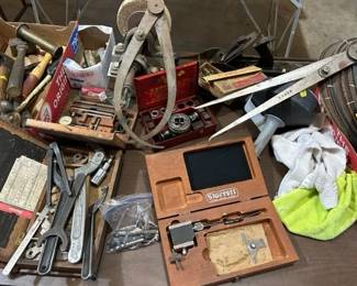 Brass hammers. Span wrenches. Starrett tools. Tap-n-die. Union #7 plane. 