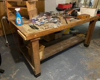 Antique Heavy duty maple work bench with vise. Has great provenance. Excellent shape. Could be repurposed kitchen island / table.  