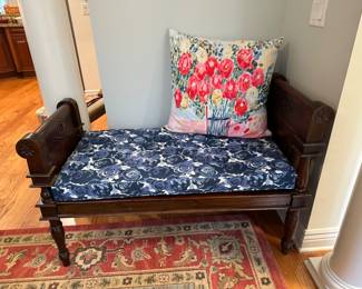 Antique Rolled Arm Bench with beautiful blue cushion