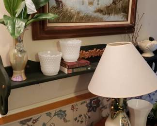 Lamp, Milk Glass, Framed art work, wood shelf