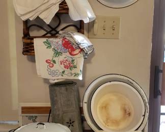 Metal Ware dish pans, mailbox, vintage linens