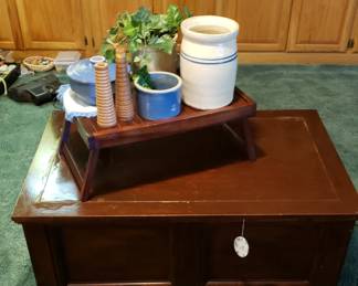 Cedar Chest coffee table, vintage pottery