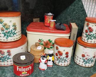 Vintage metal canister set, bread box, butter churn, Folger's coffee tin