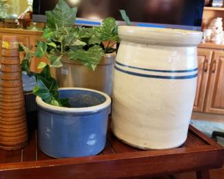 salt glaze pottery, wooden spools