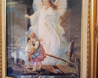 Framed and matted angel print with boy/girl on broken bridge