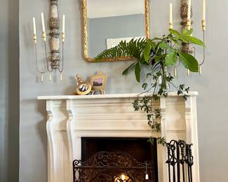 Sconces, Gilt mirrors, hand forged fire tools, fire screens (3)