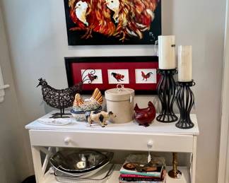 Storage shelves (2), MCM bamboo trays, candles , cookbooks....