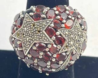 925 Silver Large Garnet & Marcasite Heart Ring