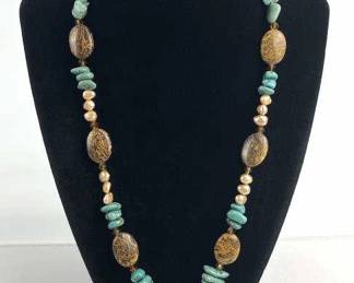 925 Silver Turquoise, Pearl and Marium Fossil Ston
