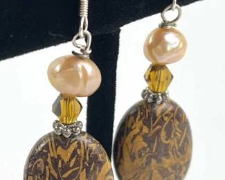 925 Silver Pearl & Marium Fossil Stone Earrings
