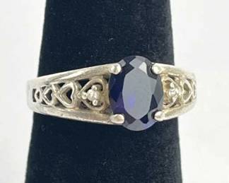 925 Silver Sapphire Ring w/ Heart Filigree