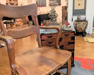 Amazing Japanese chest with numerous drawers and compartments. Early American chair. Beautiful wrought iron lamp.