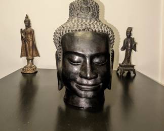 Ebonized metal Buddha head with long ear lobes. Bronze Wenchang and Bronze Buddha Bronze in Ayutthaya Style.