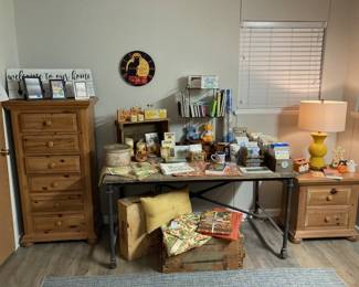 Large Restoration Hardware Table, Broyhill Fontana Bedroom 6 Drawer Highboy and Nightstand.