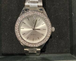 Silver Tone Dial Round Crystal Accent Case Wrist Watch.