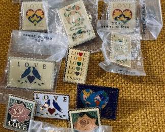 Vintage Enamel Pinback Stamp Pins.