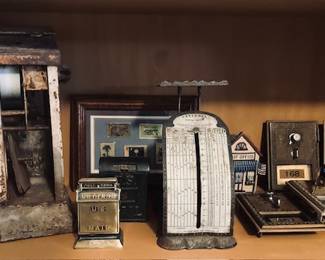 Antique Metal Pelouze National Postal Scale, Cast Iron US Mailbox Coin Bank.
