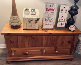 Broyhill Cedar Wood Blanket/Storage Chest. Antique Postage Stamp Machines. Mid-Century Table Lamps.