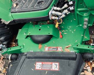 John Deere 1025-R Sub-Compact Utility Tractor with 60D Autoconnect Mid Mount Side Discharge Mower, Rear Mount Box Blade, Fixed Ting Pallet Loader and 120-R Front End Loader. 16 FT Bumper Pull Flatbed Trailer.