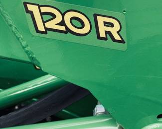 John Deere 1025-R Sub-Compact Utility Tractor with 60D Autoconnect Mid Mount Side Discharge Mower, Rear Mount Box Blade, Fixed Ting Pallet Loader and 120-R Front End Loader. 16 FT Bumper Pull Flatbed Trailer.