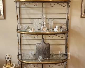 Iron shelf with very nice decorative items, cut glass, bone china and more
