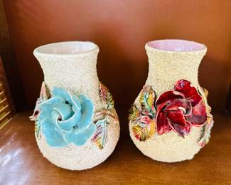 Vintage Sand Majolica Barbotine Style Vases 