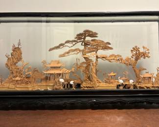 Beautiful Large Hand Carved Cork Chinese Scene Diorama 