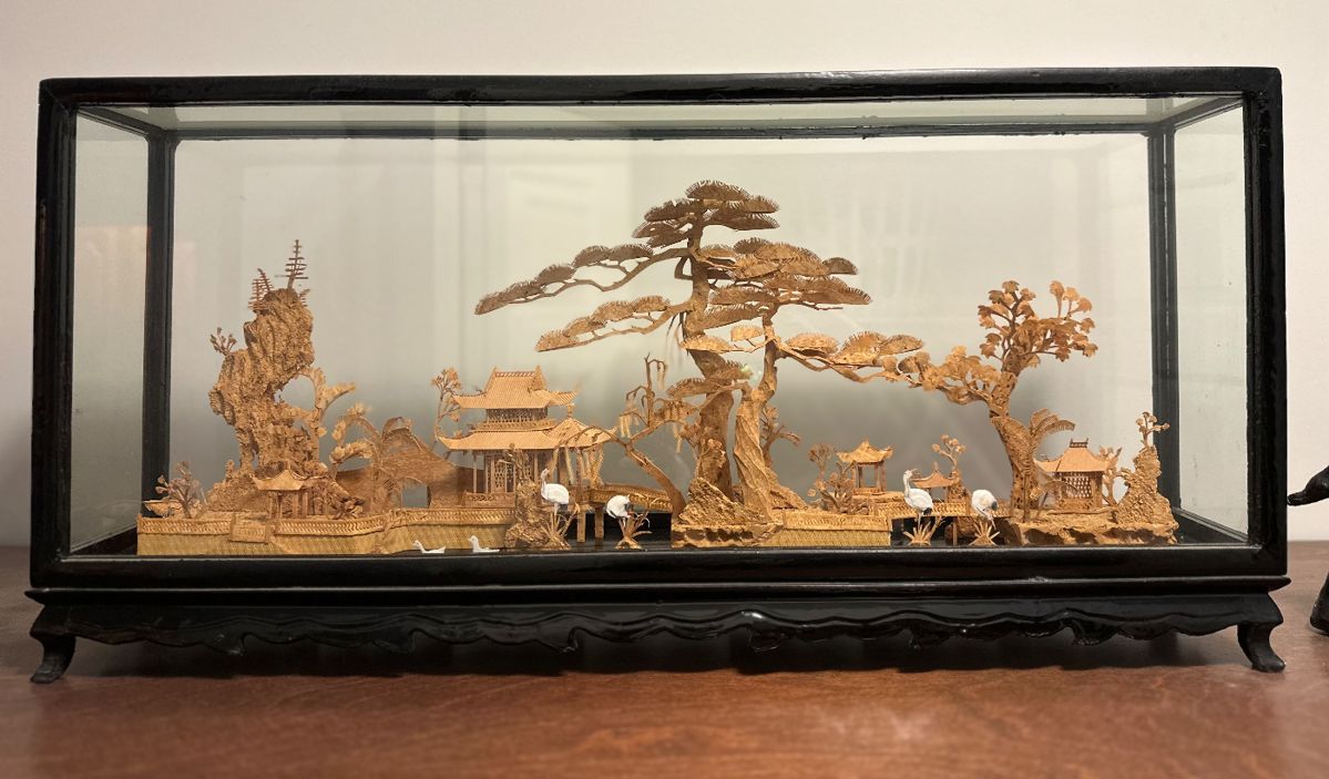 Beautiful Large Hand Carved Cork Chinese Scene Diorama 