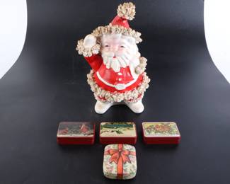 Lot 9546 Vintage Santa Ceramic Planter  Small Tins