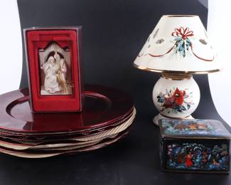 Lot 9520 Holiday Decor Lot  Lenox Candle Lamp and Ornament 8 Red Chargers Russian Folklore Ceramic Trinket Box