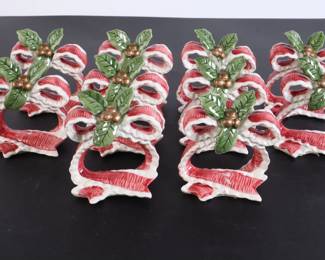 Lot 8245 Lot of 10 Fitz and Floyd Ceramic Holly Berry Napkin Rings