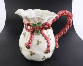 Lot 8233 Fitz and Floyd  Holiday Holly Berry Ceramic Pitcher  2 QT