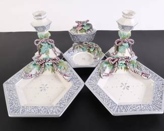 Lot 8231 Fitz and Floyd Classics  Crystal Winter Ceramic Candle Holders  Plates  Trinket Box