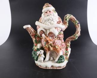 Lot 8228 Fitz and Floyd Classics  Pink Santa  Forest Animals  Ceramic Teapot