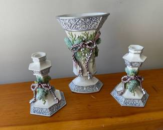 Lot 8226 Fitz and Floyd Classics  Crystal Winter Ceramic Vase  Candle Holders