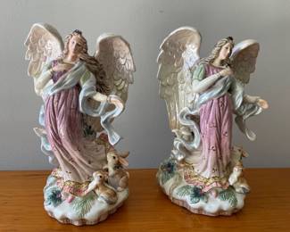 Lot 8223 Fitz and Floyd Classics  Pair Angel  Forest Animals Ceramic Candle Taper Holders