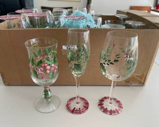 Lot 8216 Lot of Hand Painted Holly Berry Holiday Glass Stemware