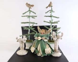Lot 8209 Sage Green  Cream Holiday Decor  Angel Tree Topper  Candle Holders  Topiary Trees