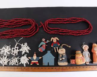 Lot 3608 Collection of Cranberry Red  Blue Ornaments  Garland