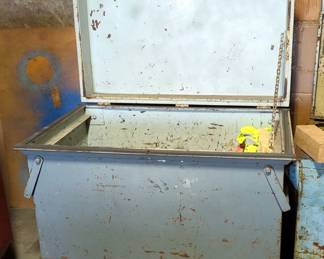 Heavy Duty Rolling Metal Lidded Box With Handles, 39" x 49" x 32", Including Metal Pieces, Bottle Jack, Flat Files And More